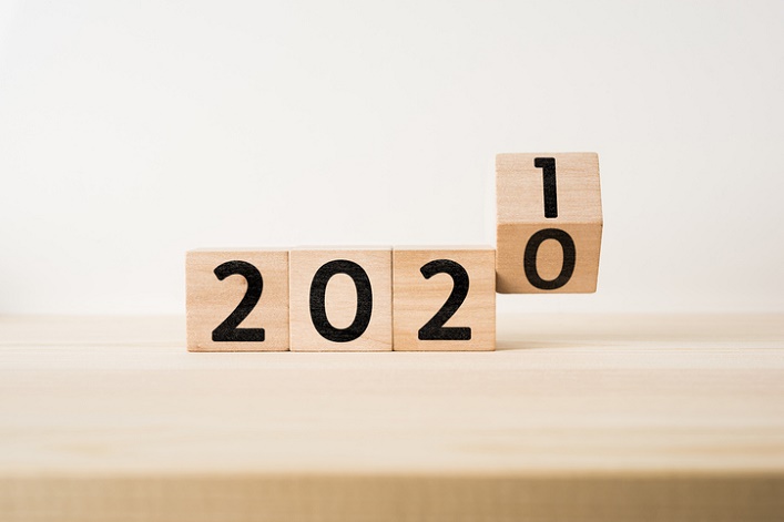 Business and design concept - surreal abstract geometric floating wooden cube with word 2021 and 2020 concept on wood floor and white background